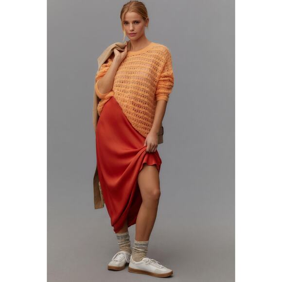 By Anthropologie Open Stitch Pullover Sweater Wool Orange Peach XS Oversized - Picture 2 of 8